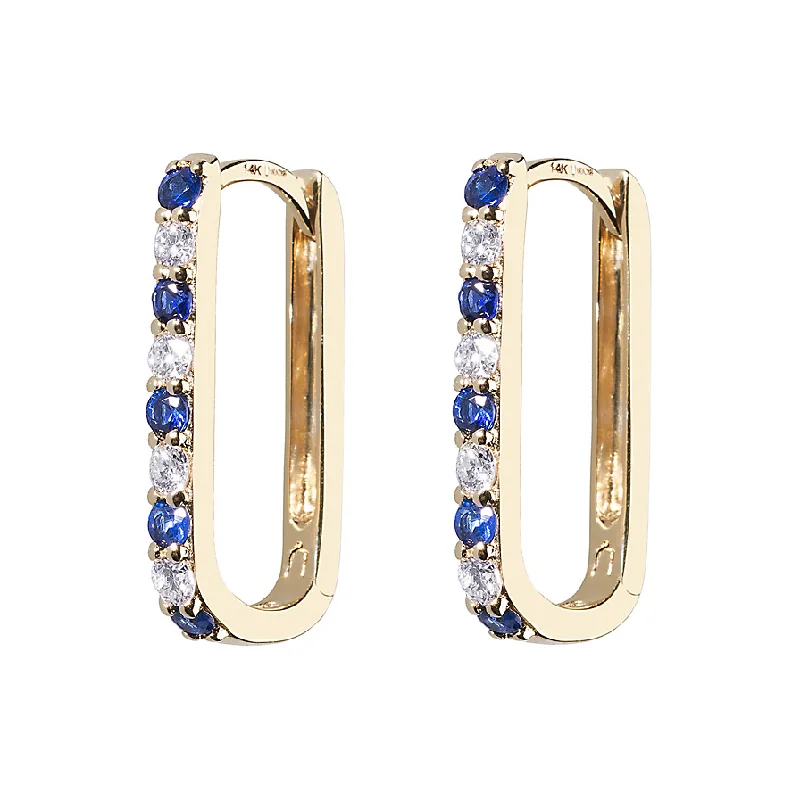 Ladies ear jewelry-Diamond + Blue Sapphire Small Paperclip Hoop Earring