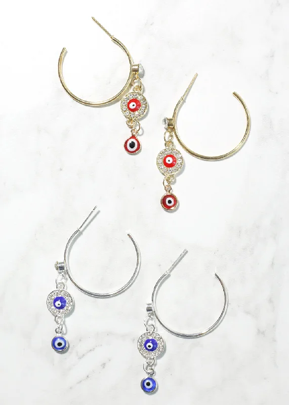 Ladies ear jewelry-Evil Eye Dangle Charm Hoop Earrings