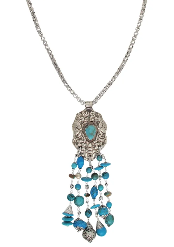 Ladies sterling silver pendants-Ethnic Brass and Turquoise Pendant Necklace