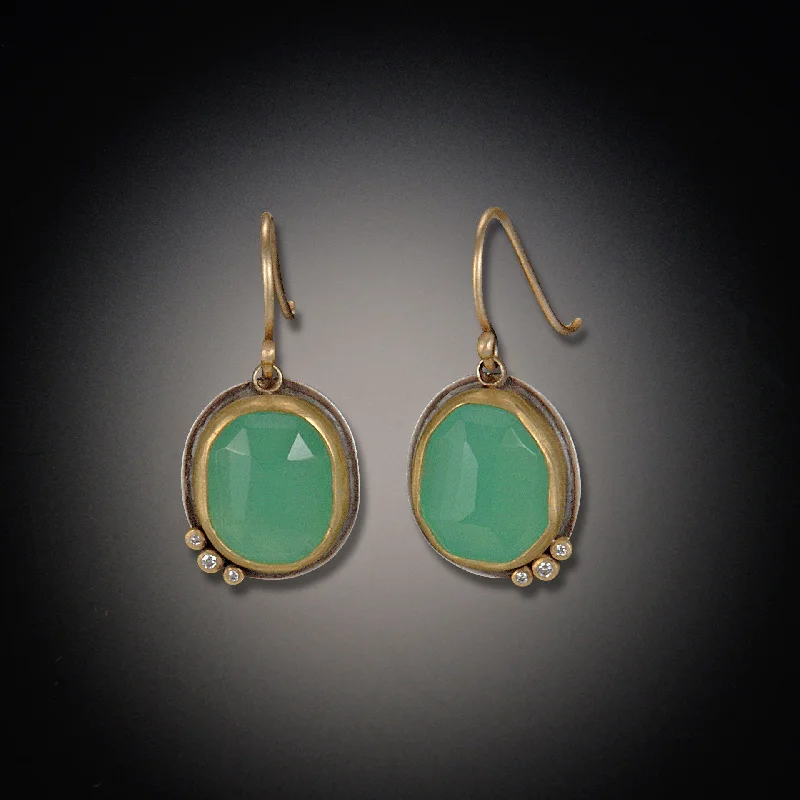 Ladies hoop earrings-Rose Cut Chrysoprase Earrings with Three Diamonds