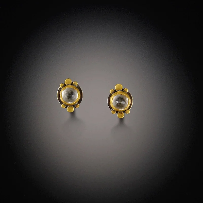 Ladies everyday stud earrings-Small Round White Topaz Earrings with Gold Dots