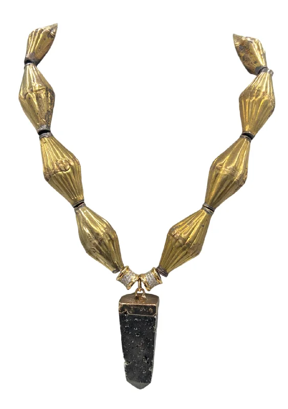 Ladies layered necklaces-Brass Beads and Pyrite Pendant Necklace