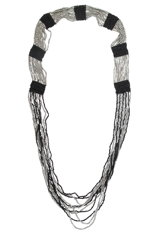 Ladies multi-layered necklaces-Two-Tone Silver and Black Multi Strand Necklace