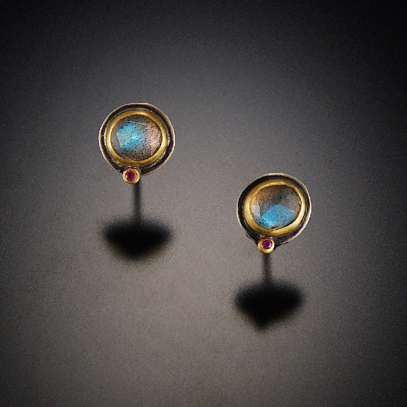 Ladies crystal stud earrings-Labradorite Stud Earrings with Ruby Dot