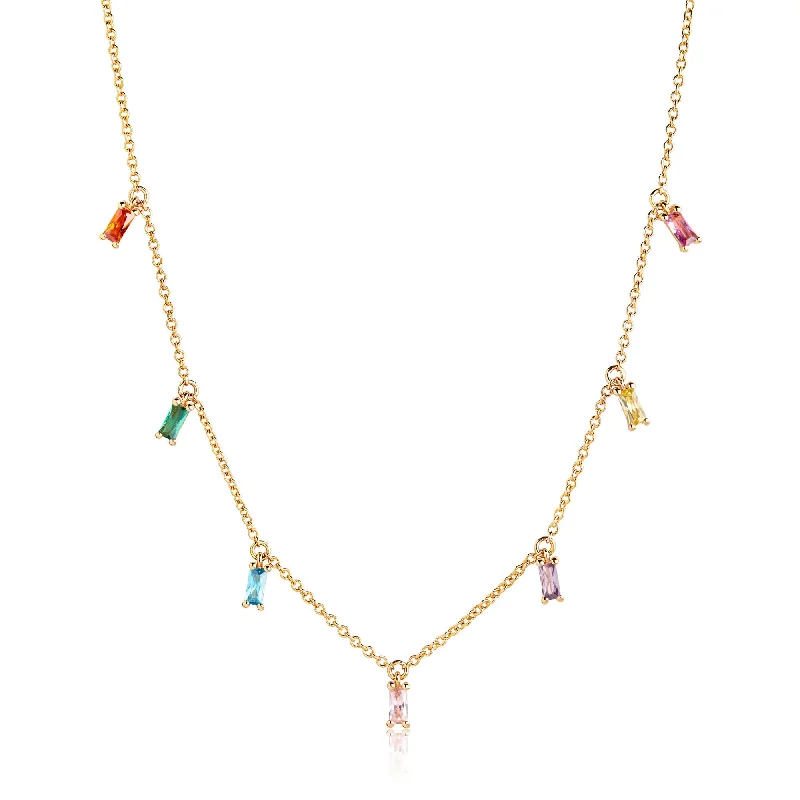 Ladies engagement necklaces-Princess Baquette Gold Plated Necklace w. Pink, Blue, Green, Orange & Purple Zirconias