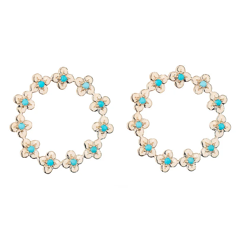 Ladies gold hoop earrings-Turquoise Jeweled Bloom Eternity Stud Earrings