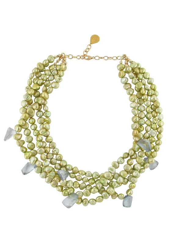 Ladies sterling silver necklaces-Lemon Freshwater Pearl Blue Iolite Multi-Strand Necklace