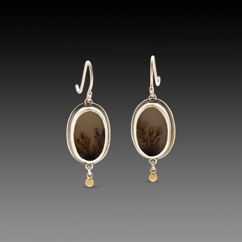 Ladies heart-shaped earrings-Dendritic Agate Earrings with Gold Dots