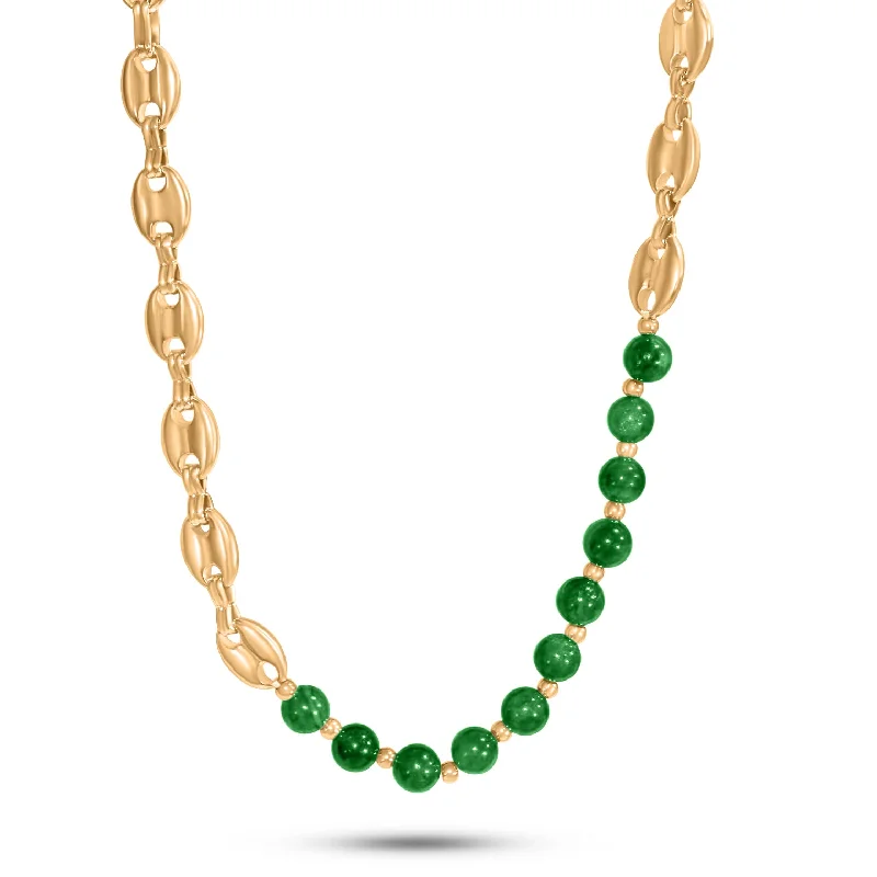 Ladies statement necklaces-Gold and Green Beaded Necklace