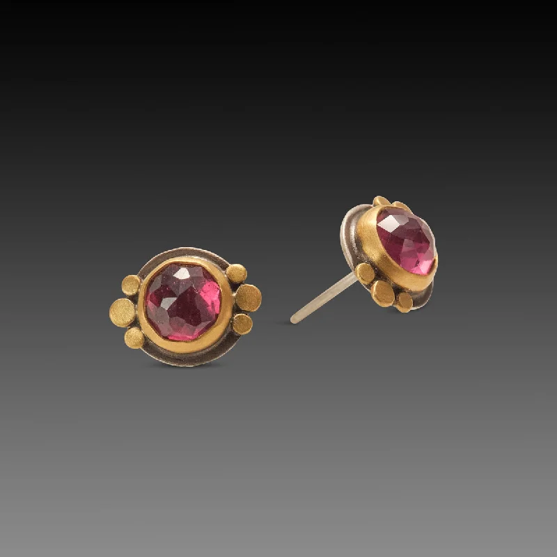 Ladies everyday stud earrings-Round Rhodolite Garnet Stud Earrings