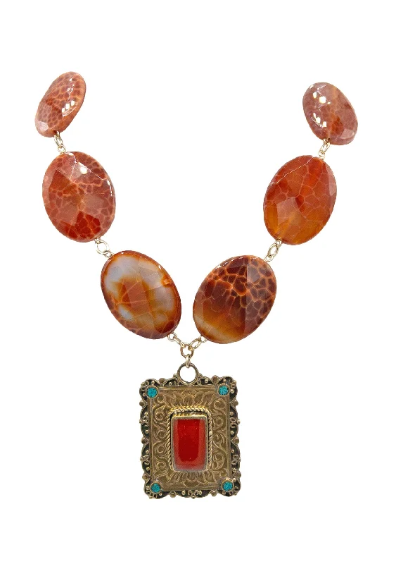 Ladies gold pendant necklaces-Red Fire Agate Ethnic Pendant Necklace