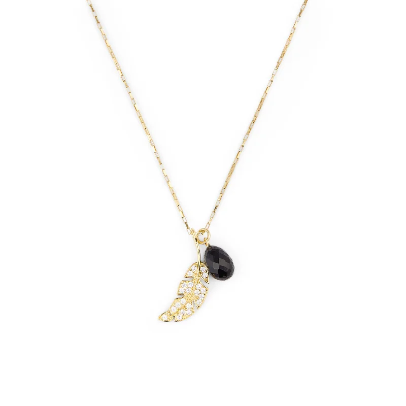 Ladies vintage gold necklaces-Leaf & Drop Gold Vermeil Necklace w. Black Onyx