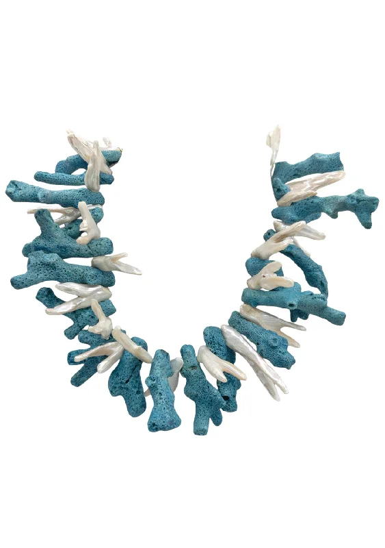 Ladies statement jewelry necklaces-Blue Coral Pearl Branch Necklace