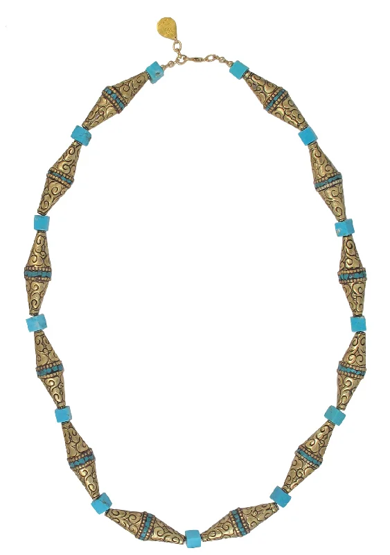 Ladies diamond heart necklaces-Carved Brass and Turquoise Necklace