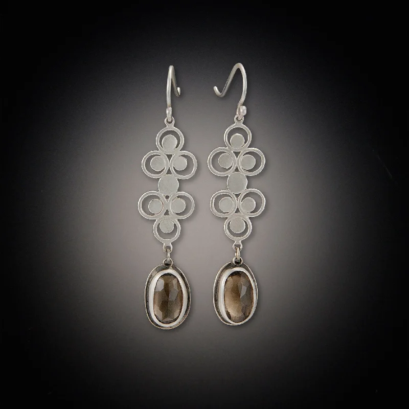 Ladies chandelier earrings-Silver Filigree Earrings with Smoky Quartz