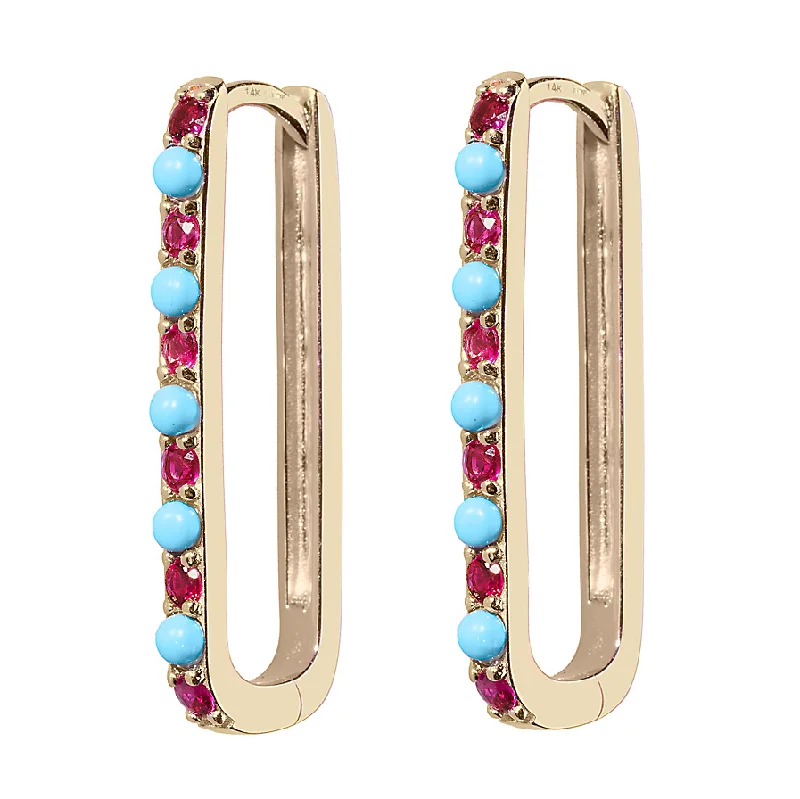 Ladies bar earrings-Turquoise & Ruby Large Paperclip Hoop Earring