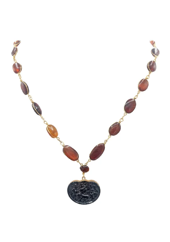 Ladies sterling silver pendants-Tourmaline Pendant Amber Station Necklace