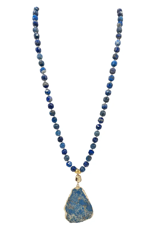 Ladies solid gold necklaces-Long Lapis Blue Pendant Necklace