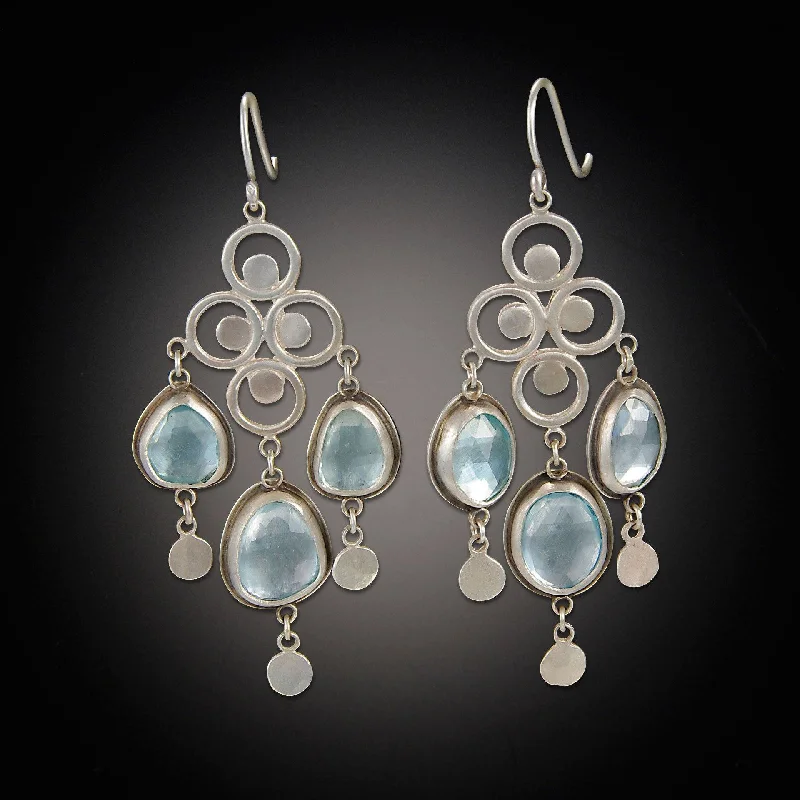 Ladies vintage diamond earrings-Large Filigree Chandelier Earrings with Rose Cut Blue Topaz