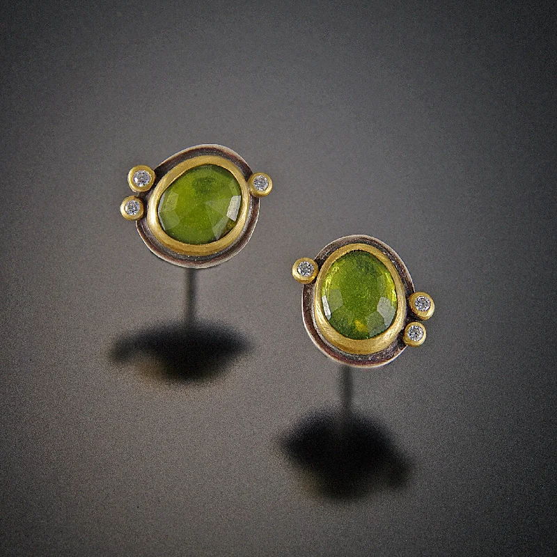 Ladies beaded earrings-Vesuvianite Stud Earrings with Diamonds