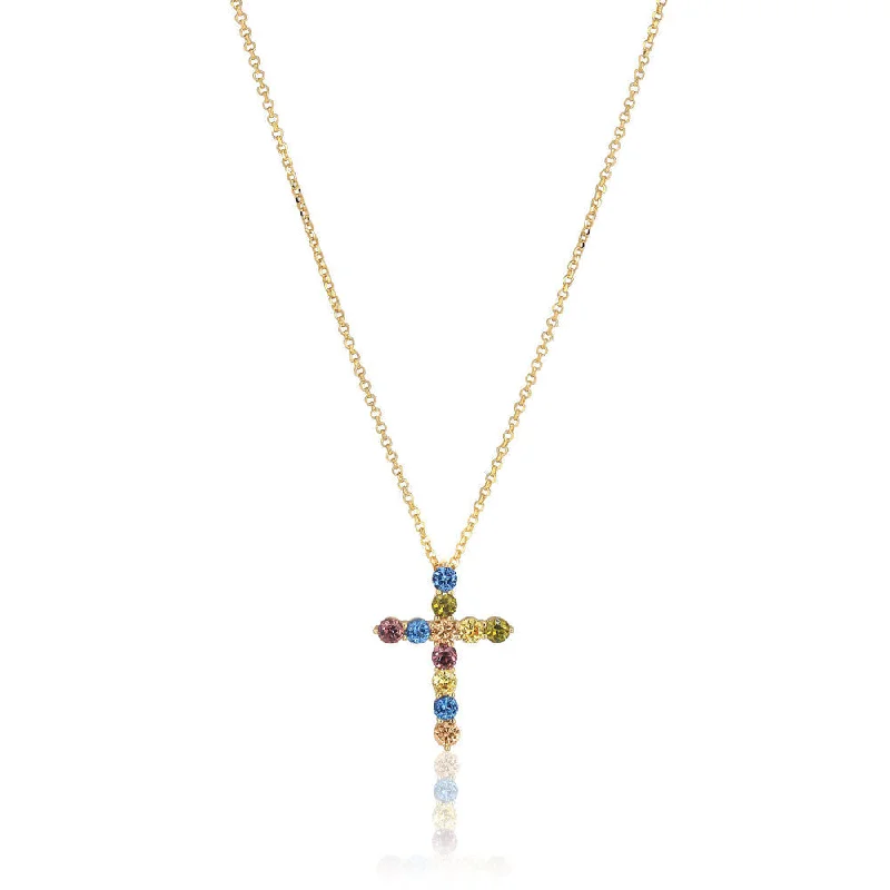 Ladies yellow gold necklaces-Belluno Croce 18K Gold Plated Necklace w. Colored Zirconias