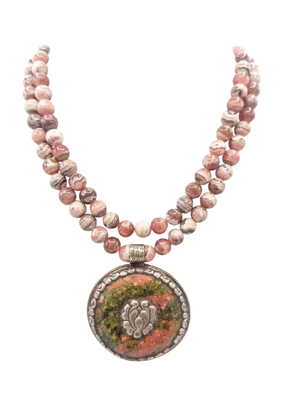 Ladies moonstone necklaces-Rhodochrosite Tibetan Silver and Jasper Pendant Necklace