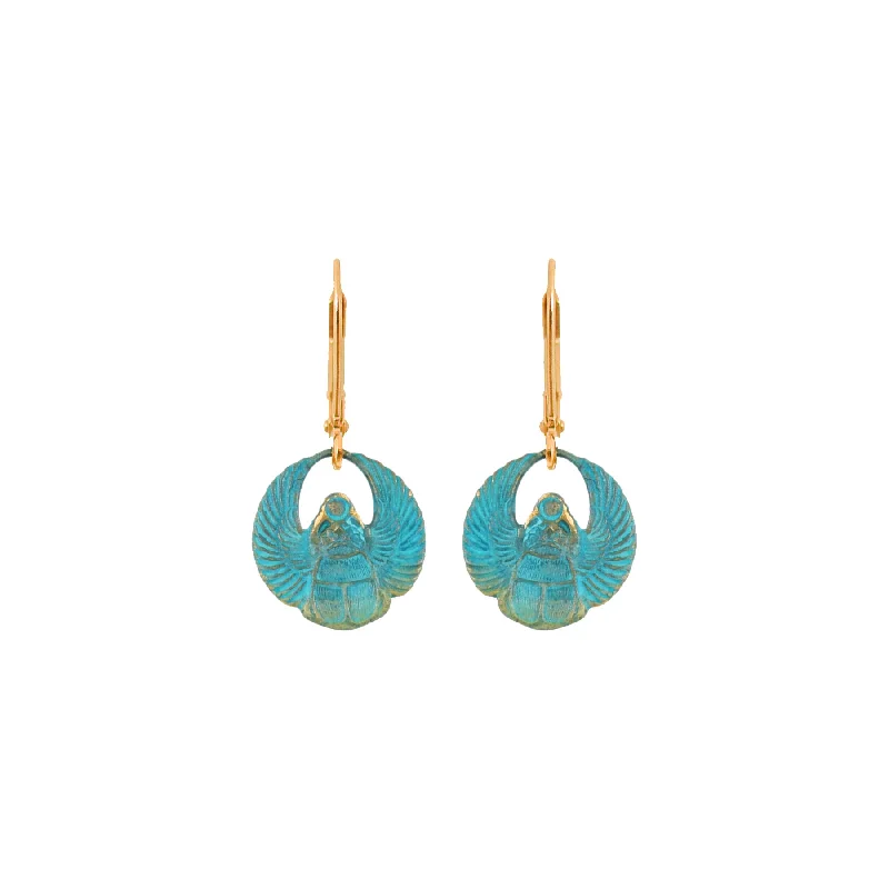 Ladies ethnic earrings-Wee Verdigris Scarab Earrings