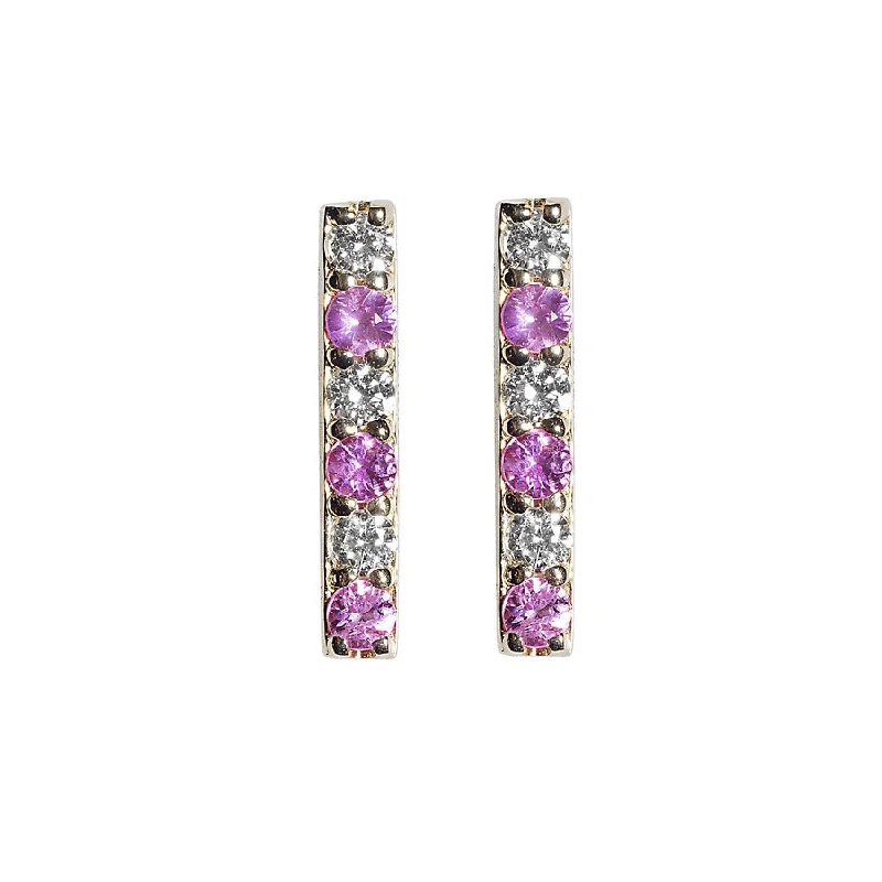 Ladies everyday stud earrings-Diamond/Pink Sapphire Gemstone Bar Studs