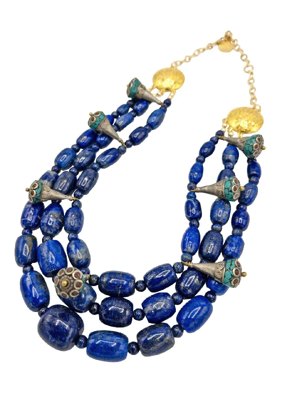 Ladies luxury diamond necklaces-Denim Blue Lapis Ethnic Gold Accent Necklace