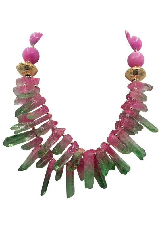 Ladies gemstone necklaces-Pink Jasper Watermelon Spikes Gold Accent Necklace