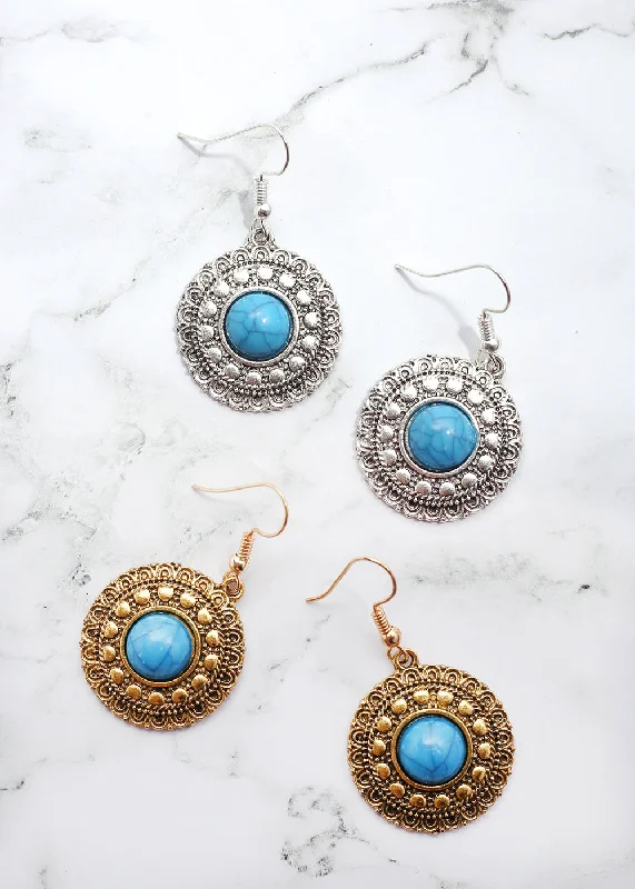 Ladies turquoise earrings-Circle Turquoise Stone Earrings