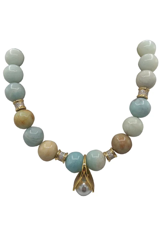 Ladies designer pendant necklaces-Amazonite Diamond Illusion Shell Pearl Pendant Necklace