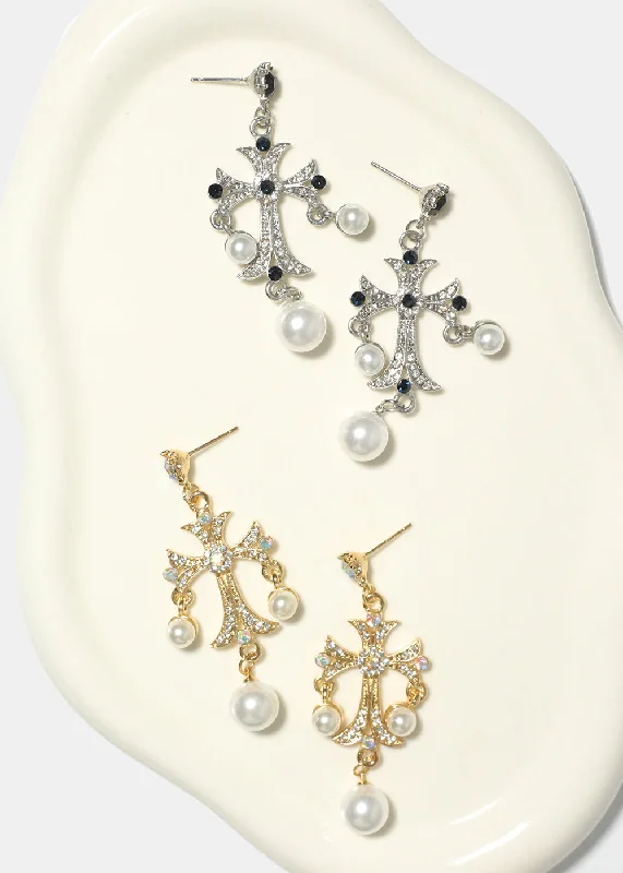 Ladies personalized stud earrings-Pearl and Rhinestone Cross Earrings