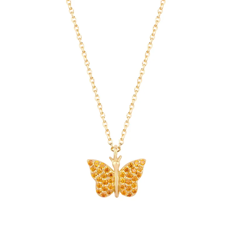 Ladies simple gold necklaces-Butterfly 18K Gold Plated Necklace w. Orange Zirconias