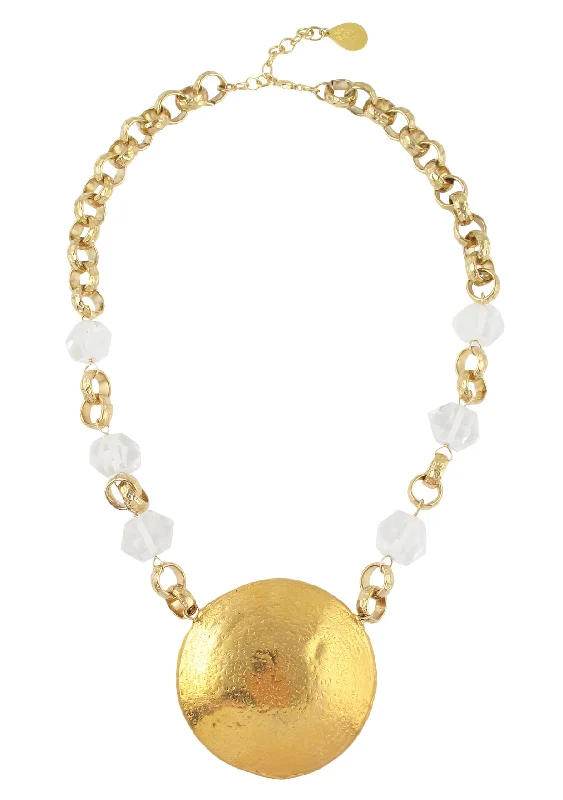 Ladies charm bead necklaces-Clear Quartz Gold Medallion Necklace