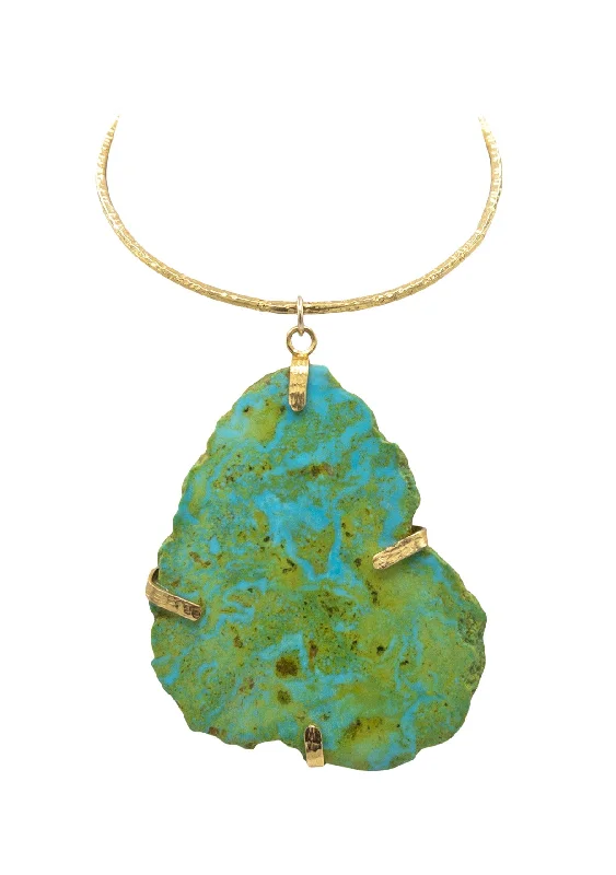 Ladies gold necklaces-NATURAL Blue/Green Turquoise Pendant Gold Bar Necklace