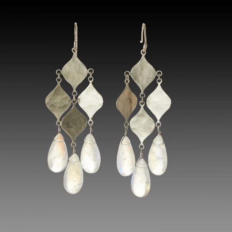 Ladies silver hoop earrings with diamonds-Silver Chandelier Earrings with Moonstone Drops