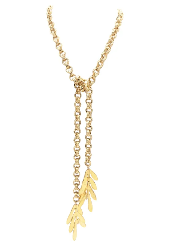 Ladies flower necklaces-Gold Leaf Lariat Necklace