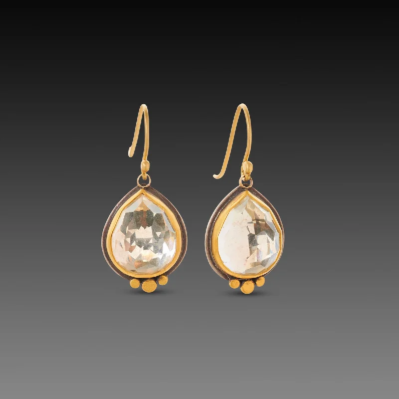 Ladies long dangly earrings-Clear Topaz Teardrop Earrings with 22k Gold Dots