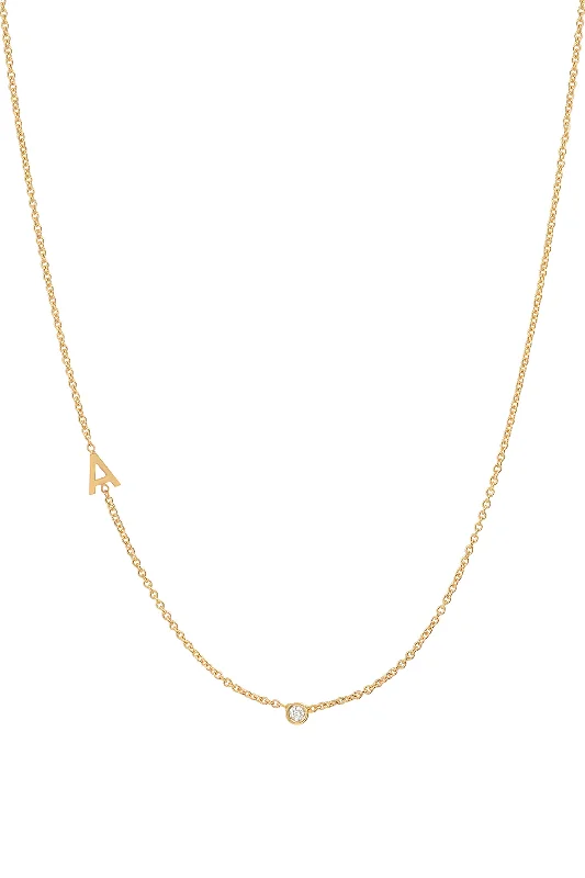 Ladies diamond pendant necklaces-Small Asymmetrical Initial & Diamond Necklace - 14K Yellow