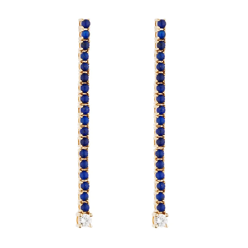 Ladies rose gold stud earrings-Long Lapis & Diamond Tennis Earring