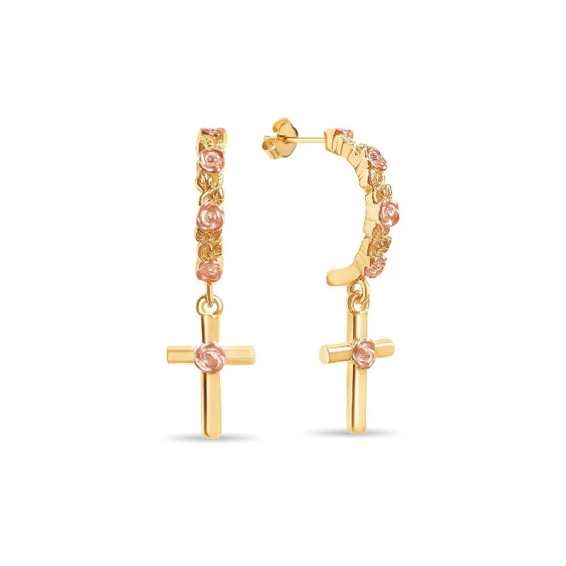 Ladies long dangly earrings-Rose-Kissed Cross Earrings