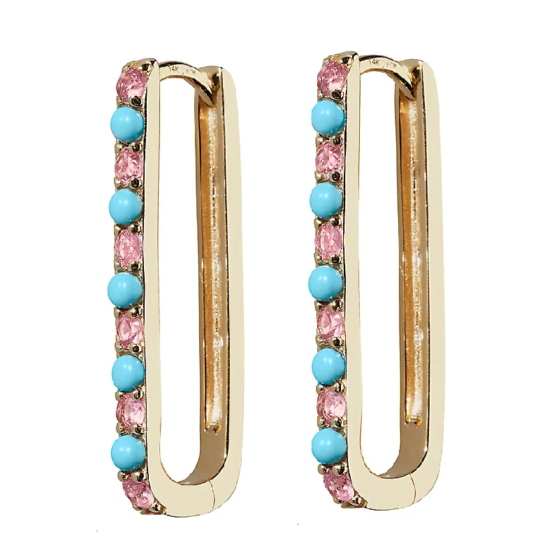 Ladies dainty earrings-Turquoise & Pink Sapphire Large Paperclip Hoop Earring