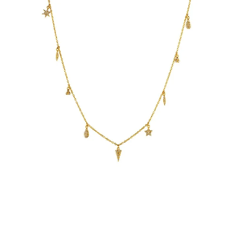 Ladies dainty gold necklaces-9 Charm Gold Plated Necklace w. Zirconia