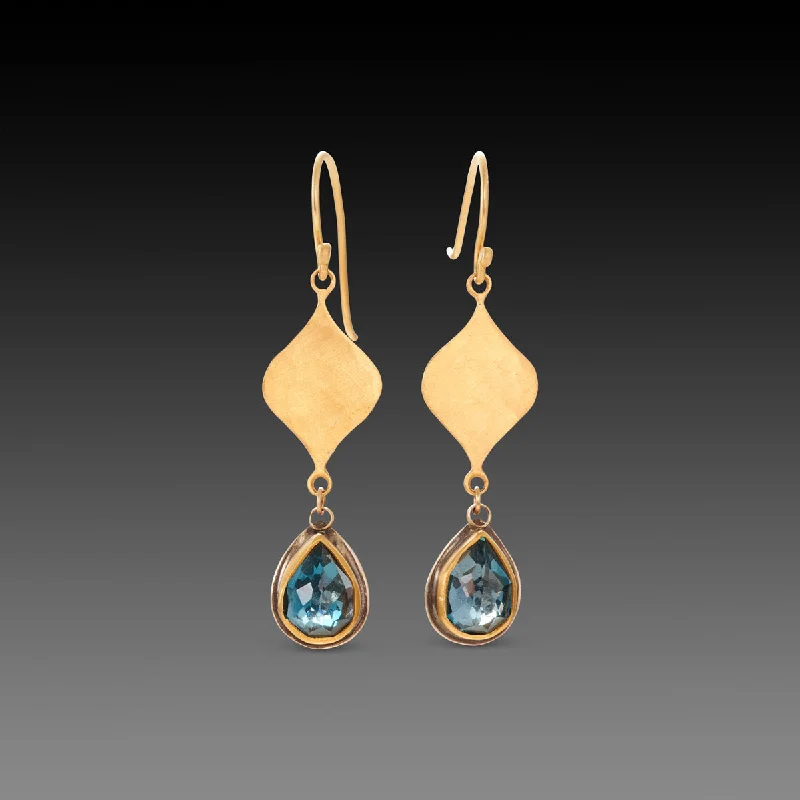 Ladies luxury earrings-Hammered Gold and Blue Topaz Earrings