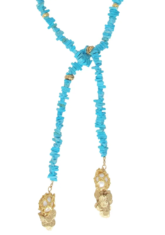 Ladies wedding necklaces-Turquoise Slab Caged Pearl Lariat Necklace