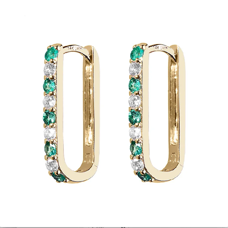 Ladies geometric stud earrings-Diamond + Emerald Small Paperclip Hoop Earring