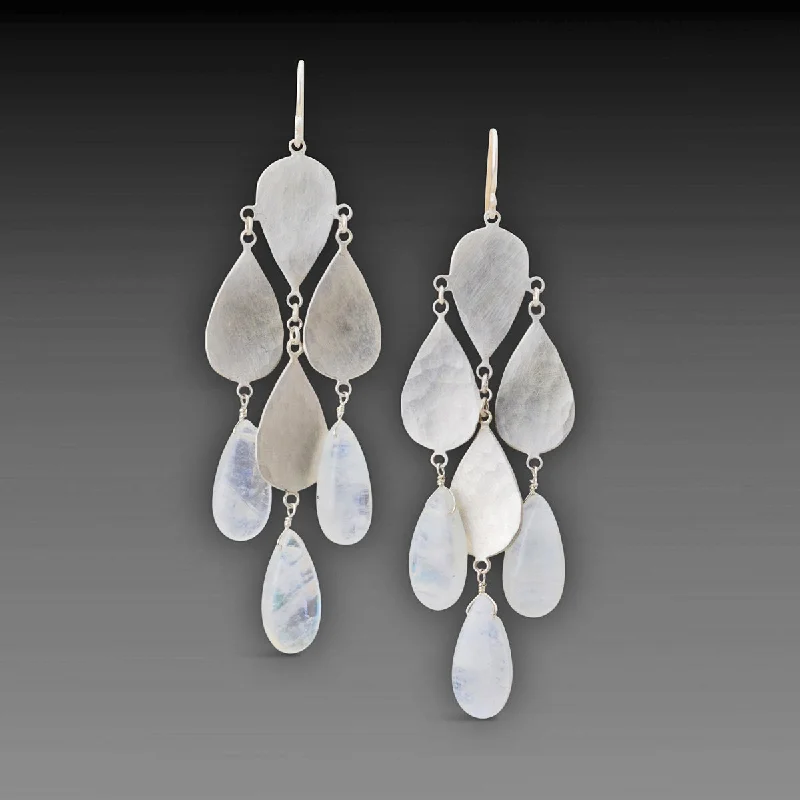 Ladies bridal hoop earrings-Silver Chandelier Teardrop Earrings with Moonstones