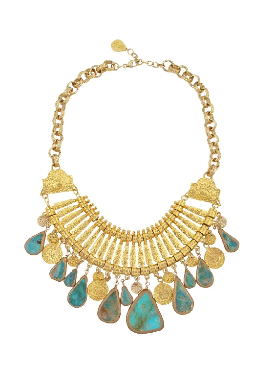 Ladies birthstone necklaces-Copper Infused Turquoise Gold Bib Necklace