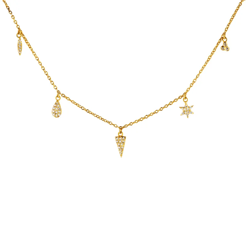 Ladies elegant gold necklaces-5 Charm Gold Plated Necklace w. Zirconia